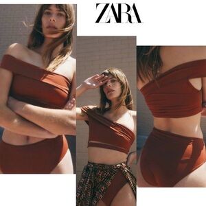 Zara Brown asymmetrical cut out cropped bikini bathing suit top Sz M NWOT🔥